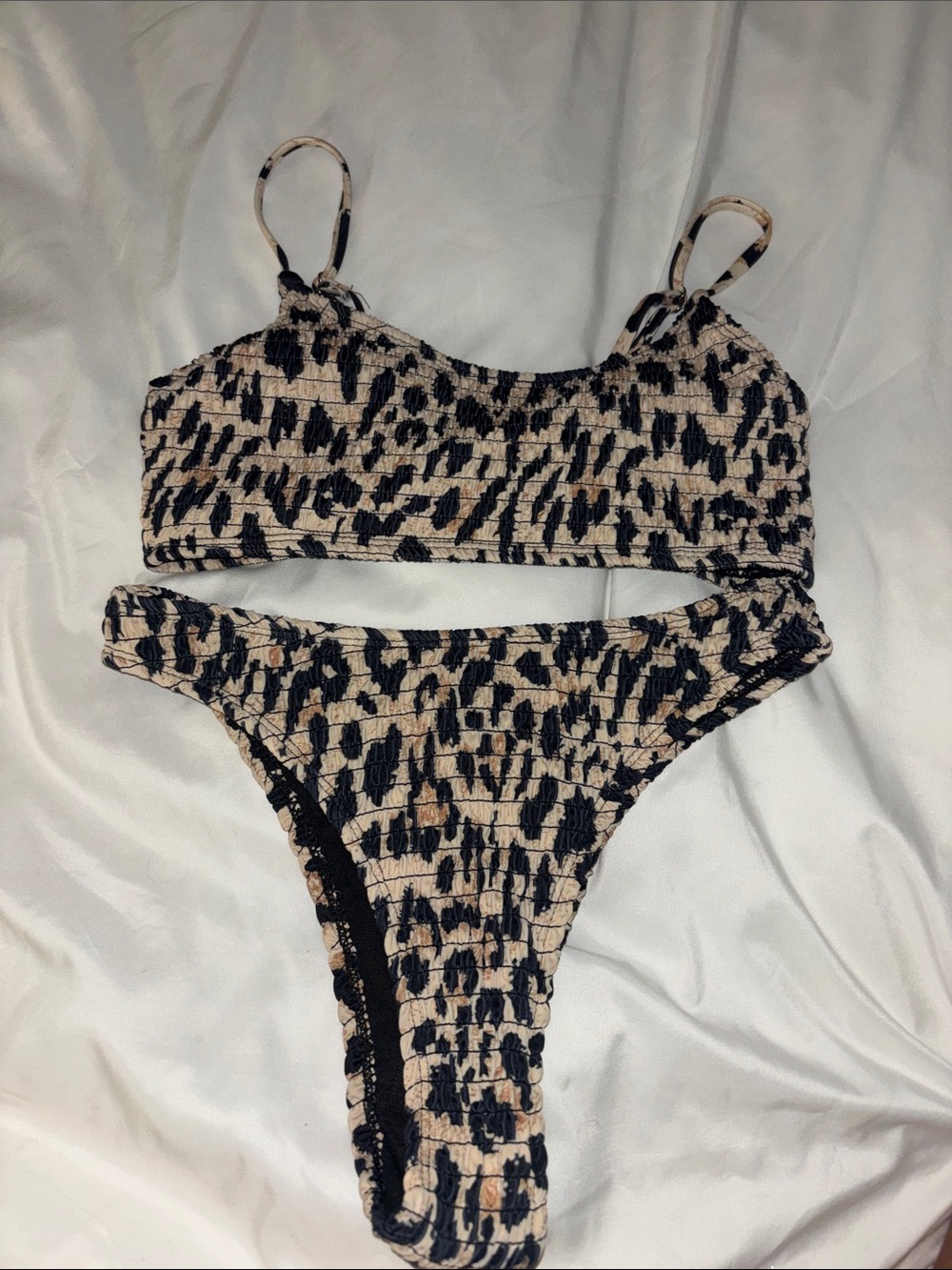 Leopard Print Smocked Bikini Set - Black & Cream